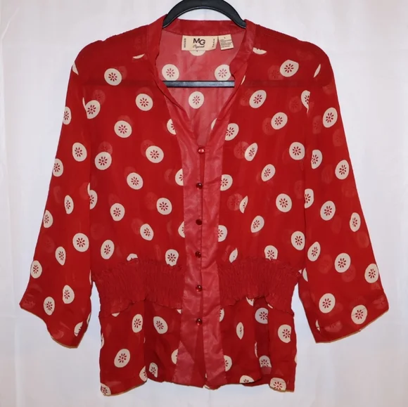 MG Originals Red Sheer Polka Dot Peplum Blouse With 3/4 Sleeves. Large. NWOT. - Picture 1 of 10